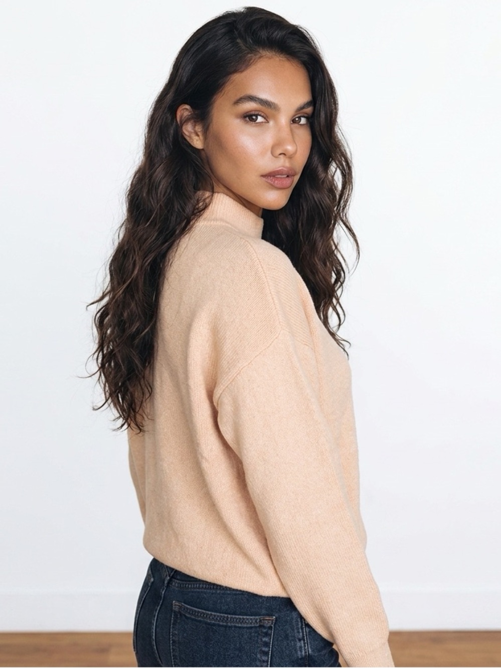 💥 Frank And Oak Beige Mock Neck Ribbed Sweater Relaxed Fit Medium Viscose Blend